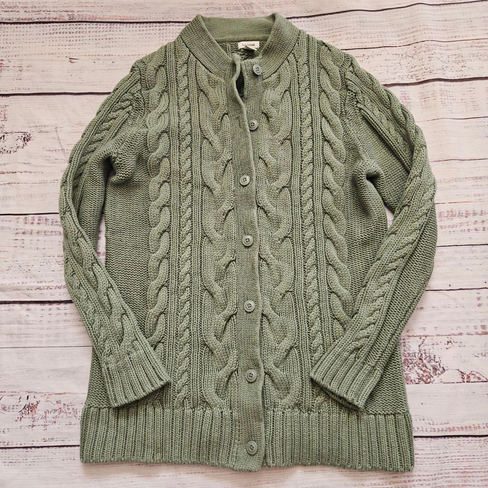 L.L. Bean Green Cableknit Cotton Button Up Cardigan Womens Large